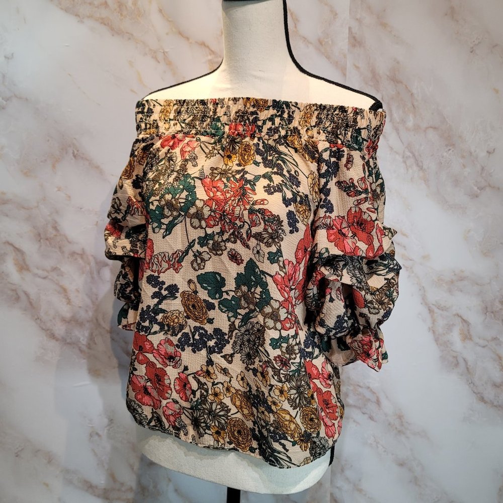 Romantic Floral Off Shoulder Top Blouse Ruched Puffy Sleeves